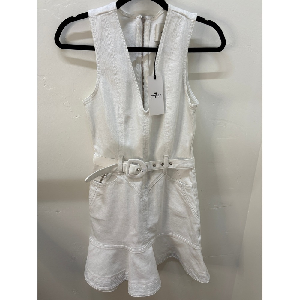 7 For All Mankind White Denim Belted Ruffle Mini Dress 7U897672 Small NWT